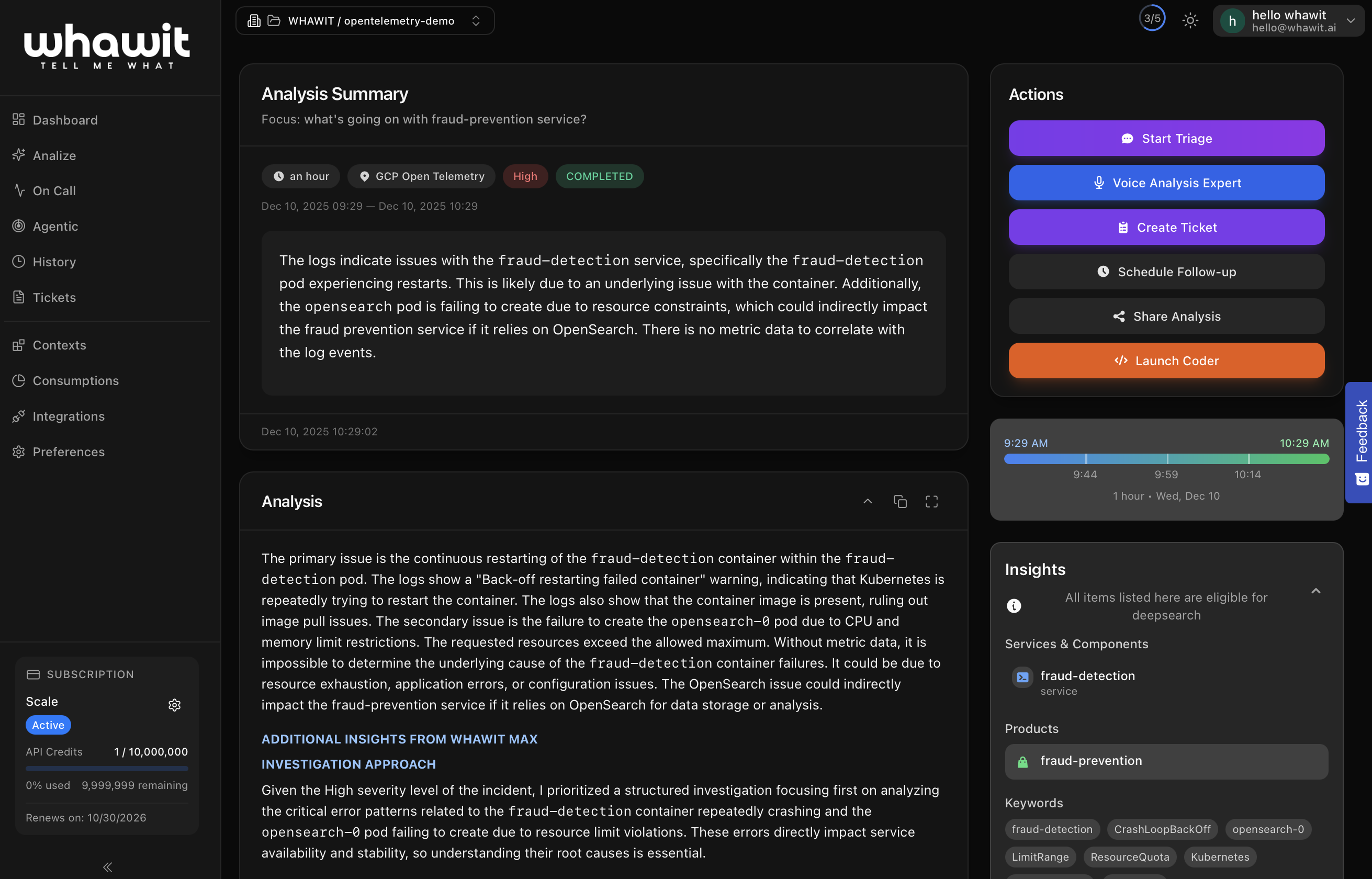WHAWIT incident view with correlated alerts, timeline, and response status
