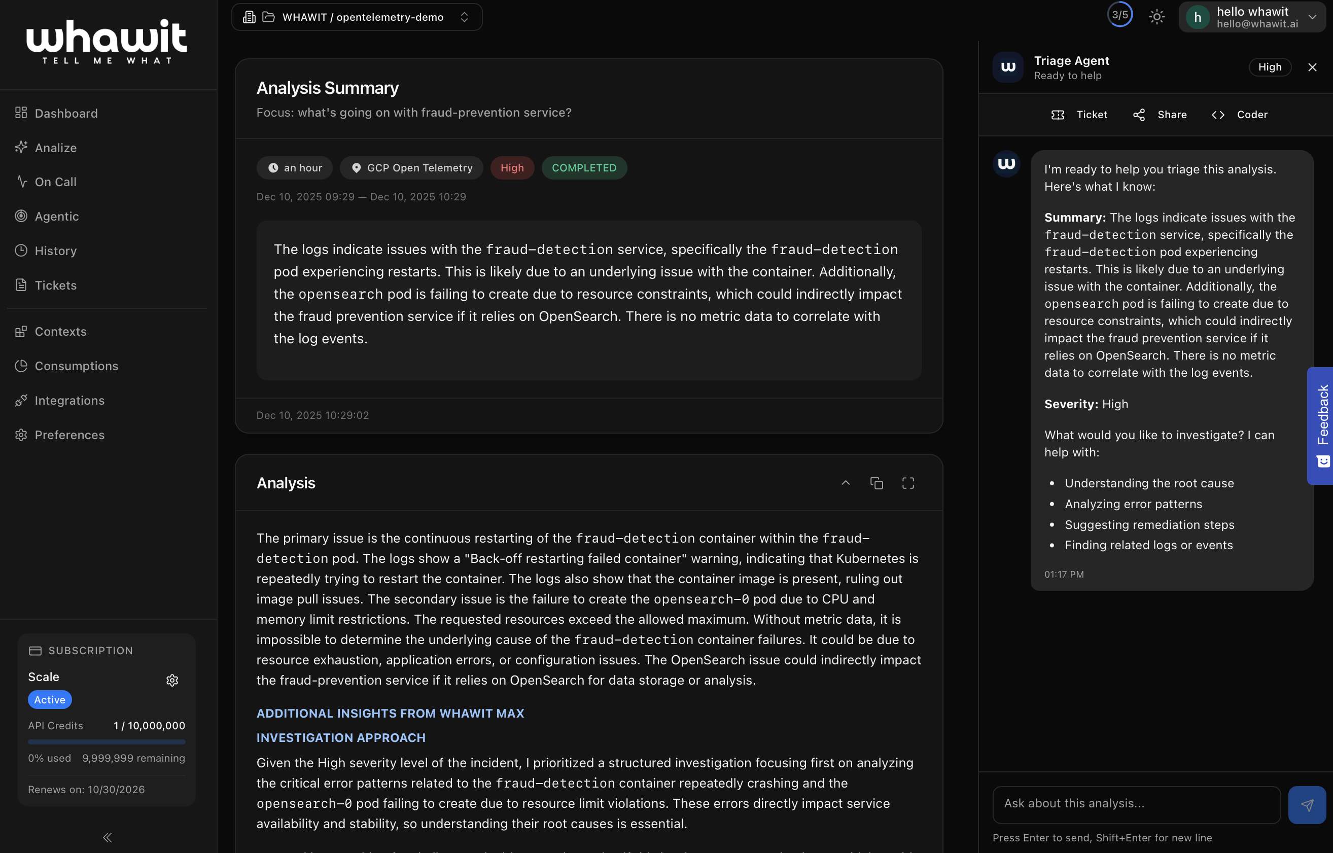 WHAWIT AI analysis dashboard with log triage and root cause insights