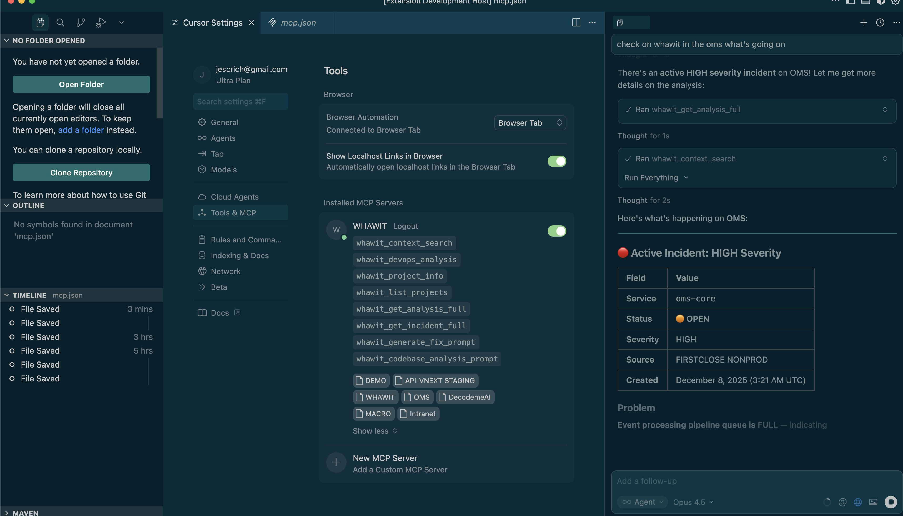 Whawit MCP Server natural language chat showing incident detection